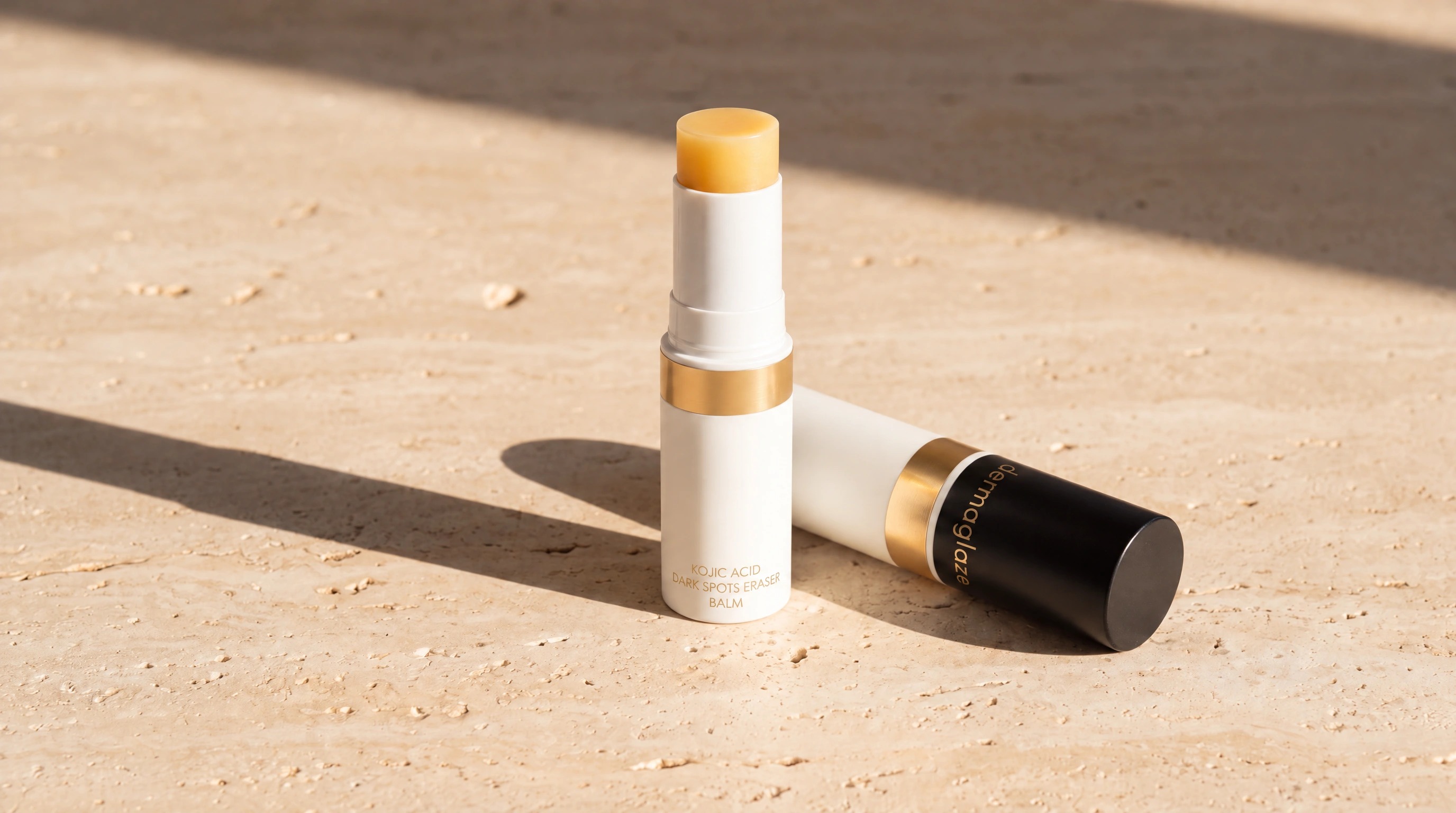 The dermaglaze balm and Lifting Shot in morning light on travertine stone