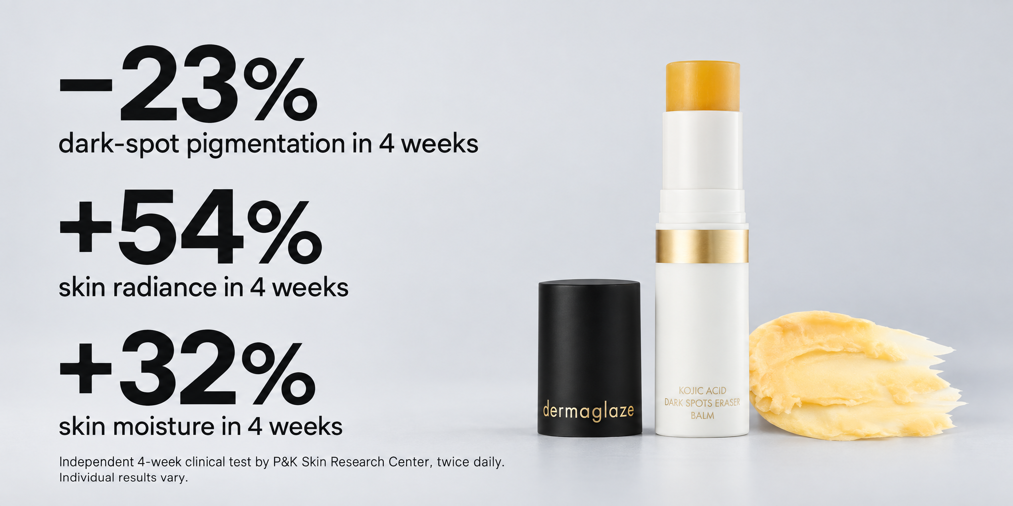 Kojic Acid Tone-Evening Balm clinical results: dark-spot pigmentation down 23%, skin radiance up 54%, skin moisture up 32% in 4 weeks. Independent 4-week clinical test by P&K Skin Research Center, twice daily. Individual results vary.